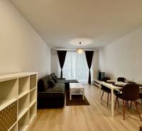 PRENÁJOM NOVOSTAVBA 2 izb.byt, BALKÓN, PARKOVACIE MIESTO, BIELY KOSTOL - Obývacia izba v 2-izbovom byte s pohovkou a jedálenským stolom, podlaha s dreveným dekorom.