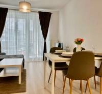 PRENÁJOM NOVOSTAVBA 2 izb.byt, BALKÓN, PARKOVACIE MIESTO, BIELY KOSTOL - 2-izbový byt s podlahou s dreveným dekorom, jedálenským stolom a pohovkou.