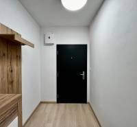 PRENÁJOM NOVOSTAVBA 2 izb.byt, BALKÓN, PARKOVACIE MIESTO, BIELY KOSTOL - V 2-izbovom byte je predsieň s vešiakom, podlahou s dreveným dekorom a tmavými dverami.