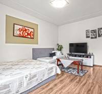 NA PREDAJ VÝNIMOČNÝ RODINNÝ DOM VO VEĽKOM MEDERI - Obývacia izba v rodinnom dome s gaučom, televízorom a podlahou s dreveným dekorom.