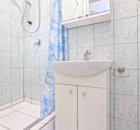 NA PREDAJ VÝNIMOČNÝ RODINNÝ DOM VO VEĽKOM MEDERI - Kúpeľňa v rodinnom dome s bielym umývadlom, sprchou a modrým závesom.