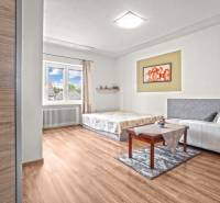 NA PREDAJ VÝNIMOČNÝ RODINNÝ DOM VO VEĽKOM MEDERI - Izba v rodinnom dome s posteľou, gaučom a podlahou s dreveným dekorom.