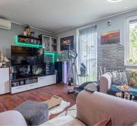 NA PREDAJ 3 IZBOVÝ RODINNÝ DOM, KĽÚČIAROVÉ KRAČANY - Svetlá obývačka v rodinnom dome s pohovkou a podlahou s dreveným dekorom.