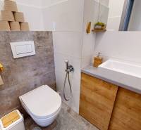 PREDAJ, 3izb. zariadený byt, novostavba Zelená stráň, Košická Nová Ves - Kúpeľňa so sprchou v 3-izbovom byte, umývadlo a WC s dekorom dreva.