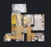 PREDAJ, 3izb. zariadený byt, novostavba Zelená stráň, Košická Nová Ves - Pôdorys 3-izbového bytu s podlahou s dreveným dekorom a vybavením.