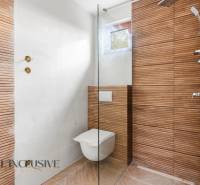 NA PREDAJ 4-IZBOVÉ RD – REZIDENČNÝ PROJEKT, GABČÍKOVO - Sprchový kút a závesná toaleta s obkladom s dreveným dekorom v rodinnom dome.