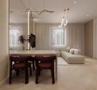 NA PREDAJ 4-IZBOVÉ RD – REZIDENČNÝ PROJEKT, GABČÍKOVO - Interiér rodinného domu s pohovkou, jedálenským stolom a podlahou s dreveným dekorom.