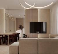 NA PREDAJ 4-IZBOVÉ RD – REZIDENČNÝ PROJEKT, GABČÍKOVO - Obývacia izba rodinného domu s podlahou s dreveným dekorom a elegantným osvetlením.