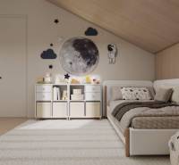 NA PREDAJ 4-IZBOVÉ RD – REZIDENČNÝ PROJEKT, GABČÍKOVO - Detská izba v rodinnom dome s vesmírnym motívom, posteľou a úložným priestorom.