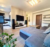 Štýlový, zariadený 2- izbový byt s balkónom pri stanici!!! - Obývacia izba v 2-izbovom byte s pohodlnou sedačkou a podlahou s dreveným dekorom.