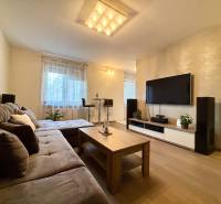 Štýlový, zariadený 2- izbový byt s balkónom pri stanici!!! - Obývacia izba v 2-izbovom byte s pohovkou a televízorom, podlaha s dreveným dekorom.