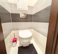 Štýlový, zariadený 2- izbový byt s balkónom pri stanici!!! - Toaleta v 2-izbovom byte s bielymi a šedými dlaždicami na stenách.