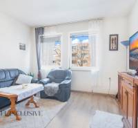 NA PREDAJ 2-IZBOVÝ BYT V CENTRE MESTA DUNAJSKÁ STREDA - Obývacia izba s koženou sedacou súpravou, televízorom a výhľadom na ulici Biskupa Kondého, ponuka 2-izbového bytu.