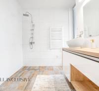 NA PREDAJ NADŠTANDARDNÁ 4-IZB. NOVOSTAVBA, DUN. KLÁTOV - Kúpeľňa v rodinnom dome s umývadlom, sprchou a bielymi obkladačkami.