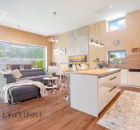 NA PREDAJ NADŠTANDARDNÁ 4-IZB. NOVOSTAVBA, DUN. KLÁTOV - Obývačka v rodinnom dome s kuchyňou, sivou sedačkou a jedálenským stolom.