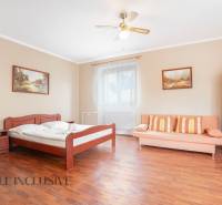 NA PREDAJ PENZIÓN VO VEĽKOM MEDERI – SUNGARDEN - Interiér izby v hoteloch a penziónoch s drevenou posteľou, sedačkou a obrazmi.