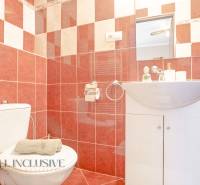 NA PREDAJ PENZIÓN VO VEĽKOM MEDERI – SUNGARDEN - Kúpeľňa v Hoteloch a penziónoch s červenými dlaždicami, umývadlom, toaletou a zrkadlom.