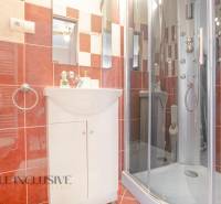 NA PREDAJ PENZIÓN VO VEĽKOM MEDERI – SUNGARDEN - Kúpeľňa v Hoteloch a penziónoch s červenými obkladačkami a sprchovým kútom.