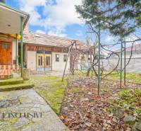 REZERVOVANÉ 4-IZBOVÝ RODINNÝ DOM, TOPOĽNÍKY - Dvor rodinného domu v Topoľníkoch, zelená plocha s opadaným lístím, drevený prístrešok.