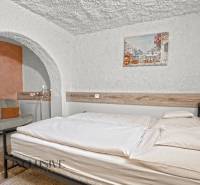 NA PREDAJ APARTMÁNOVÝ DOM VO VEĽKOM MEDERI - Posteľ a pohovka v izbe s oblúkom, podlaha s dreveným dekorom. Hotely a penzióny.