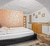 NA PREDAJ APARTMÁNOVÝ DOM VO VEĽKOM MEDERI - Izba s dvojposteľou, textúrovanými stenami, dekoratívnymi obrazmi a lampou v hoteli a penzióne.
