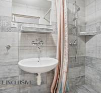NA PREDAJ APARTMÁNOVÝ DOM VO VEĽKOM MEDERI - Kúpeľňa s umývadlom, sprchou a dekoračnými dlaždicami v hoteloch a penziónoch.
