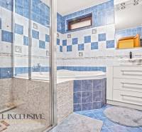 NA PREDAJ 6-IZBOVÝ POSCH. RODINNÝ DOM, HORNÉ SALIBY - Kúpeľňa v rodinnom dome s modro-bielymi dlaždicami, umývadlom a sprchovým kútom.