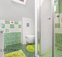 NA PREDAJ 6-IZBOVÝ POSCH. RODINNÝ DOM, HORNÉ SALIBY - Kúpeľňa v rodinnom dome s bielymi a zelenými obkladačkami a sprchovacím kútom.