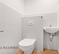 NA PREDAJ 6-IZBOVÝ POSCH. RODINNÝ DOM, HORNÉ SALIBY - Toaleta s umývadlom v rodinnom dome, podlaha s dreveným dekorom.