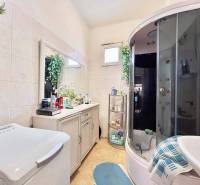 ZĽAVA - 3 IZBOVÝ RODINNÝ DOM, BLÍZKO CENTRA DUN.STREDY - Kúpeľňa v rodinnom dome s práčkou, sprchovým kútom a kvetmi na skrinke.