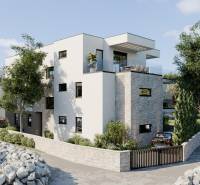 Murter(HR)-moderné byty v novostavbe od 280.000eur - Rekreačný apartmán v Murteri s kamennými detailmi, obklopený stromami a prírodou.