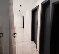 VRSI - dvojdom s bazénom a záhradou - Chodba v rodinnom dome s dlažbou a tmavými dverami.