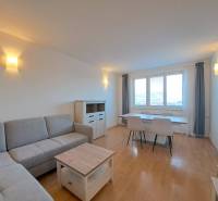 Prenájom pekného a priestranného 4-izbového bytu vo Svite - Obývačka v 4-izbovom byte s podlahou s dreveným dekorom a sivou sedačkou.