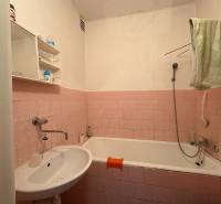 Exkluzívny PREDAJ 4 izbového rodinný domu s garážou, Zlatná na Ostrove - Kúpeľňa v rodinnom dome s ružovými kachličkami a bielym umývadlom.