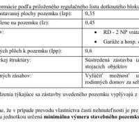 Na predaj stavebný pozemok na RD v Bernolákove 802m2 - Tabuľka s reguláciami pre pozemky - bývanie, vrátane indexov a urbanistickej štruktúry.