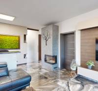 , predaj 4 izb. novostavby zariadeného RD, Jarná, Hviezdoslavov - Obývacia izba v rodinnom dome s krbom a dekoračnou stenou zo zeleného machu.