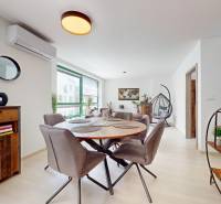 Krásny moderný 2 izbový byt v centre Bratislavy, nám. SNP - Svetlá obývacia izba s jedálenským stolom a závesným kreslom v 2-izbovom byte.