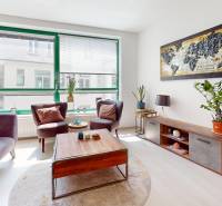 Krásny moderný 2 izbový byt v centre Bratislavy, nám. SNP - Svetlý 2-izbový byt s pohodlným nábytkom, veľkým obrazom mapy a zelenými rastlinami.