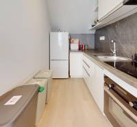 Krásny moderný 2 izbový byt v centre Bratislavy, nám. SNP - Kuchyňa v 2-izbovom byte s umývadlom, sporákom a chladničkou.