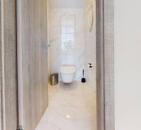 Krásny moderný 2 izbový byt v centre Bratislavy, nám. SNP - Toaleta s keramickými obkladmi a závesnou misou v 2-izbovom byte.