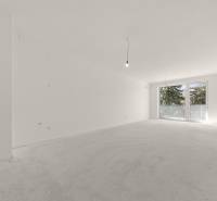 PROJEKT POD VINICOU | 4-IZB. BYT, UZAVRETÝ AREÁL, HOLOBYT, NOVOSTAVBA - Priestranná miestnosť v 4-izbovom byte s veľkým francúzskym oknom a bielymi stenami.