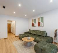 Kpt. Jaroša -  NOVINKA - MODERNÝ 2 IZBOVÝ BYT, 59 m2 + loggia. - Obývačka v 2-izbovom byte s podlahou s dreveným dekorom, zelená sedačka, konferenčný stolík.