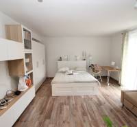 1-izb. kompletne zrekonštr.byt na Hradnom kopci (Lichardova ul.)  - 1-izbový byt s posteľou, sedačkou a skriňou, podlaha s dreveným dekorom.