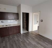 PREDAJ: 1 izbový byt - 37m2, s loggiou, Ružomberok - Za dráhou - Kuchyňa s tmavými skrinkami a podlahou s dreveným dekorom v 1-izbovom byte.