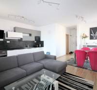 NUERA︱ SLNEČNICE- slnečný 2izbový byt s výhľadom na hrad - Obývacia izba s kuchynským kútom, sivou sedačkou, skleneným stolom a červenými stoličkami.