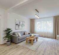 PREDAJ - 4-izb. byt na Sklenárovej ul., 67 m2, komplet. rekonštrukcia - Obývacia izba so sedačkou, TV stolíkom a podlahou s dreveným dekorom v 4-izbovom byte.