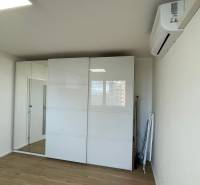 Prenajmem 1 izbový byt na Nábrežnej ulici v Nových Zámkoch - Jednoizbový byt so zrkadlovou skriňou a podlahou s dreveným dekorom.