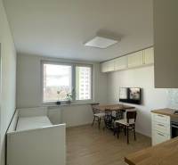 Prenajmem 1 izbový byt na Nábrežnej ulici v Nových Zámkoch - Interiér 1-izbového bytu s podlahou s dreveným dekorom a minimálnym zariadením.