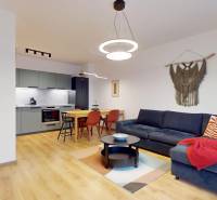 Na predaj moderný 3i byt v novostavbe Ovocné sady s parkovaním, BA - Štýlová obývacia izba s kuchynským kútom, pohodlným gaučom a podlahou s dreveným dekorom.