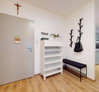 Na predaj moderný 3i byt v novostavbe Ovocné sady s parkovaním, BA - Vstupná hala s podlahou s dreveným dekorom v 3-izbovom byte, vešiak a skrinka na topánky.